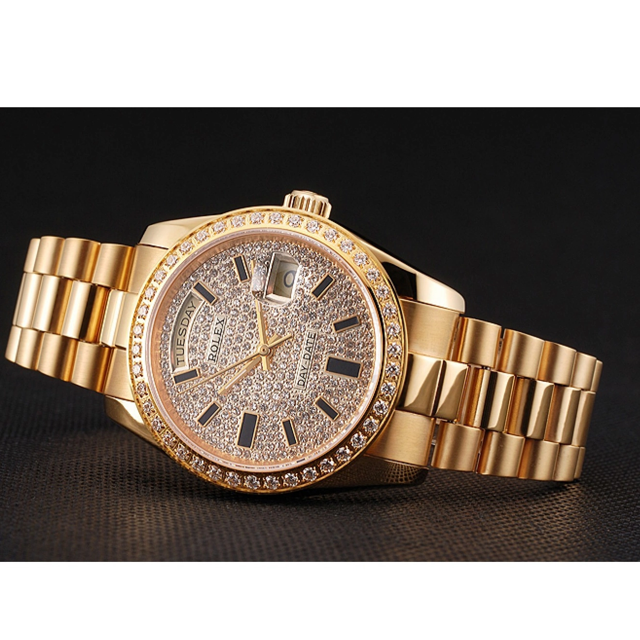 Aaa replica watch Pave And Day Case Bezel Date Bracelet Swiss Diamond Rolex Dial Gold And 0726